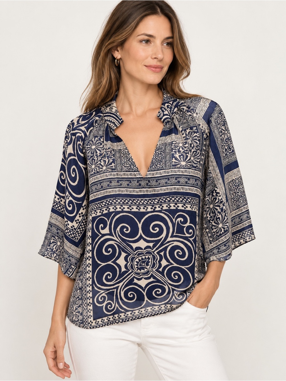 Etra Navy & Cream Paisley Print 3/4 Sleeve Blouse Size 42 US 6 Medium